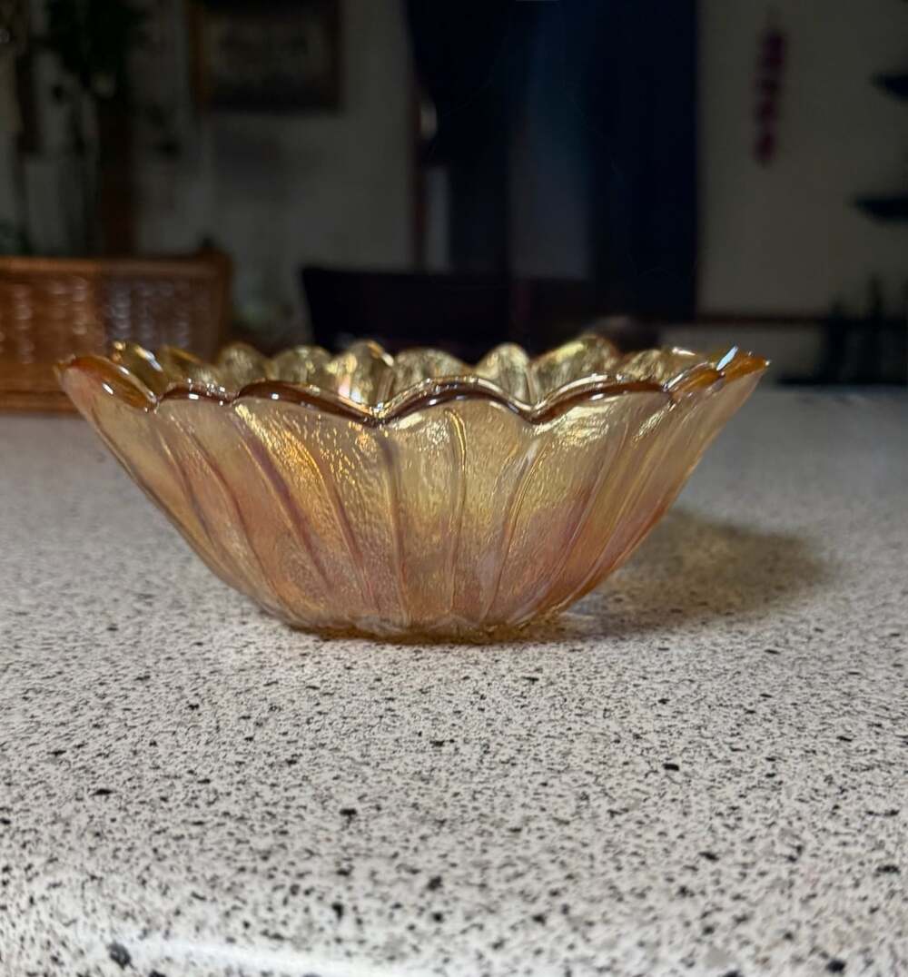 Vintage Indiana Glass Marigold Carnival Glass Sunflower Ruffled Bowl